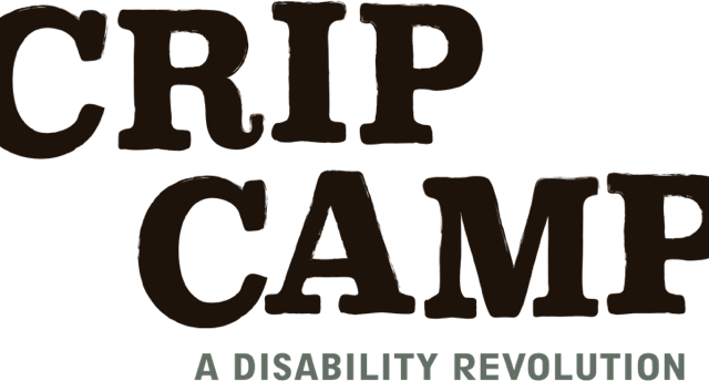 Title "Crip Camp" logo in black, bold letters. Underneath in small print, "A Disability Revolution"