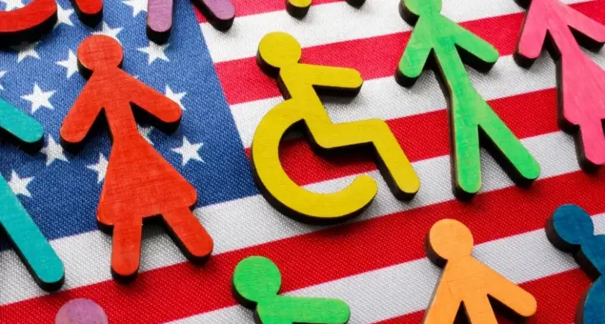 multi-colored stick people with disabilities on top of the American Flag.