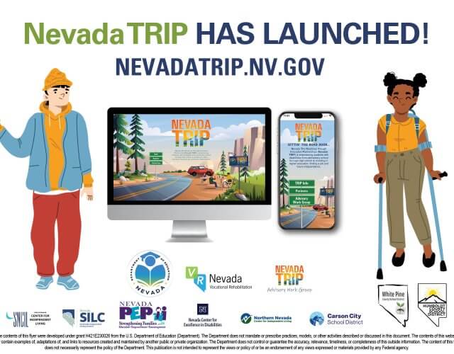 Nevada TRIP has launched picture of students with different disabilities next to the mobile app and a tablet screen showing the TRIP site home page.