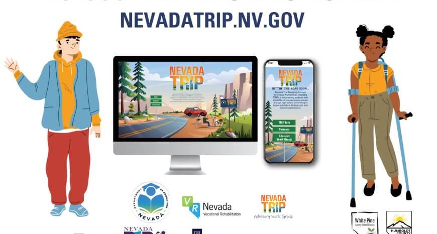 Nevada TRIP has launched picture of students with different disabilities next to the mobile app and a tablet screen showing the TRIP site home page.