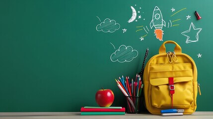 a colorful backpack and school supplies sit against a green chalkboard background with chalk drawings of clouds, a rocketship and a star